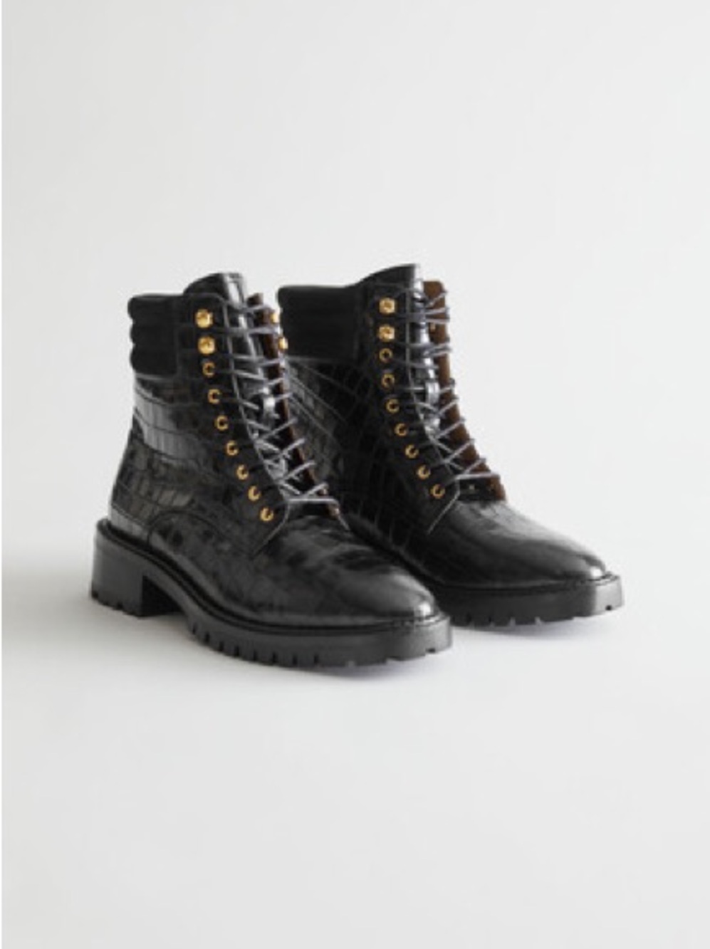 & Other Stories Black Leather Croc-Embossed Lace-Up Ankle Boots